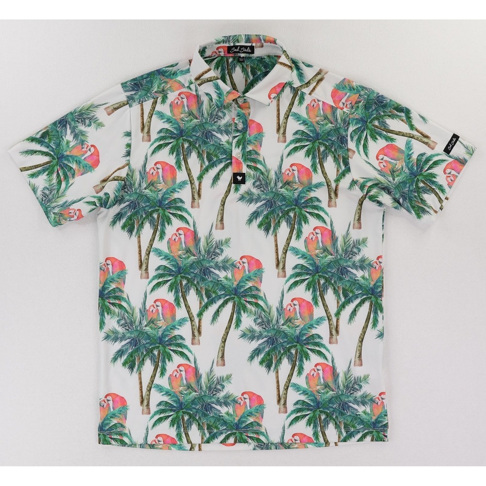 Bad Birdie Polo Shirt Mens Medium Tropical Parrot Palm Hawaiian Golf Stretch
